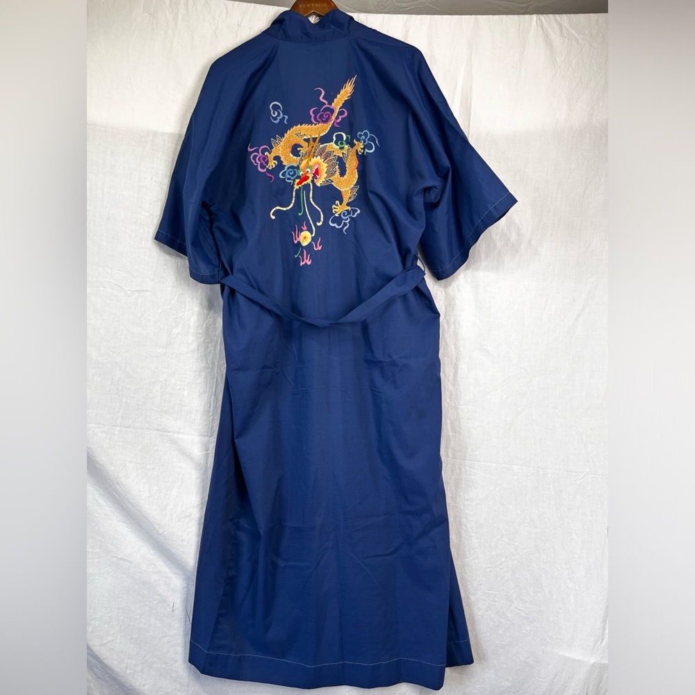 Vintage Single Stitch Dragon Embroidered Kimono Robe Paper Thin Blue Long Robe L